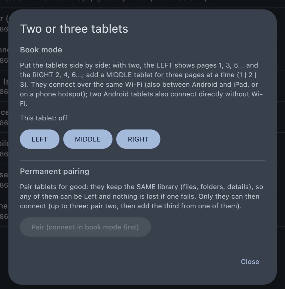 The Two or three tablets dialog: choose LEFT, MIDDLE or RIGHT, and pair tablets permanently