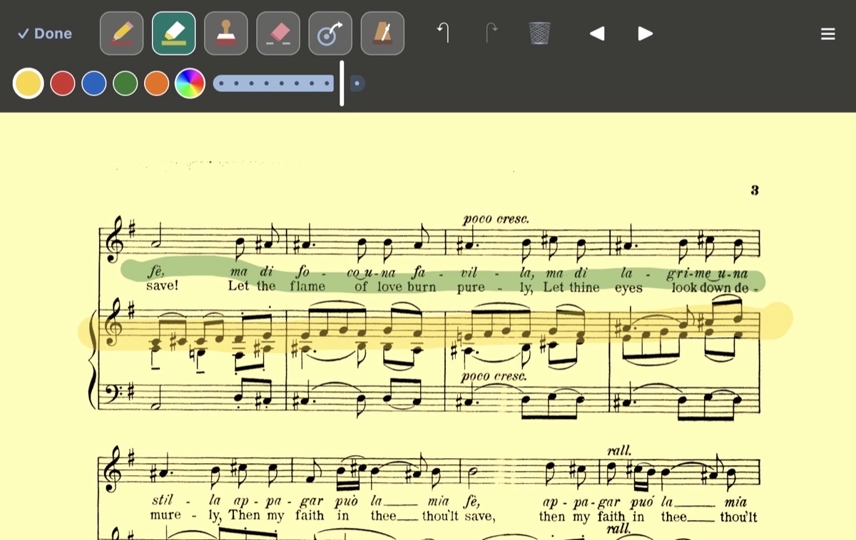 A page with a yellow and a green highlighter band, edit toolbar at the top
