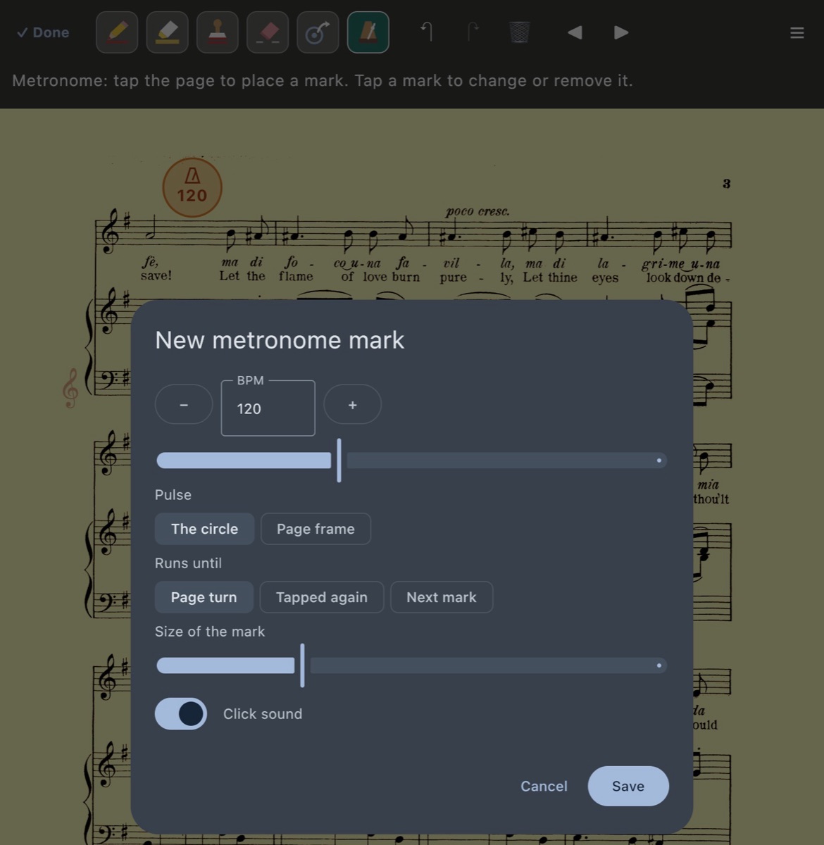 A metronome mark at 120 on the page and its settings: pulse, runs until, size, click sound