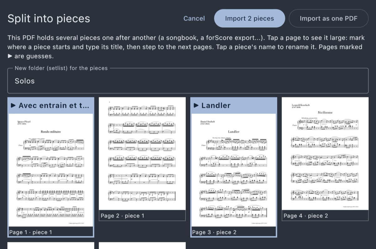 Split into pieces: page thumbnails with the start of each piece marked and titled
